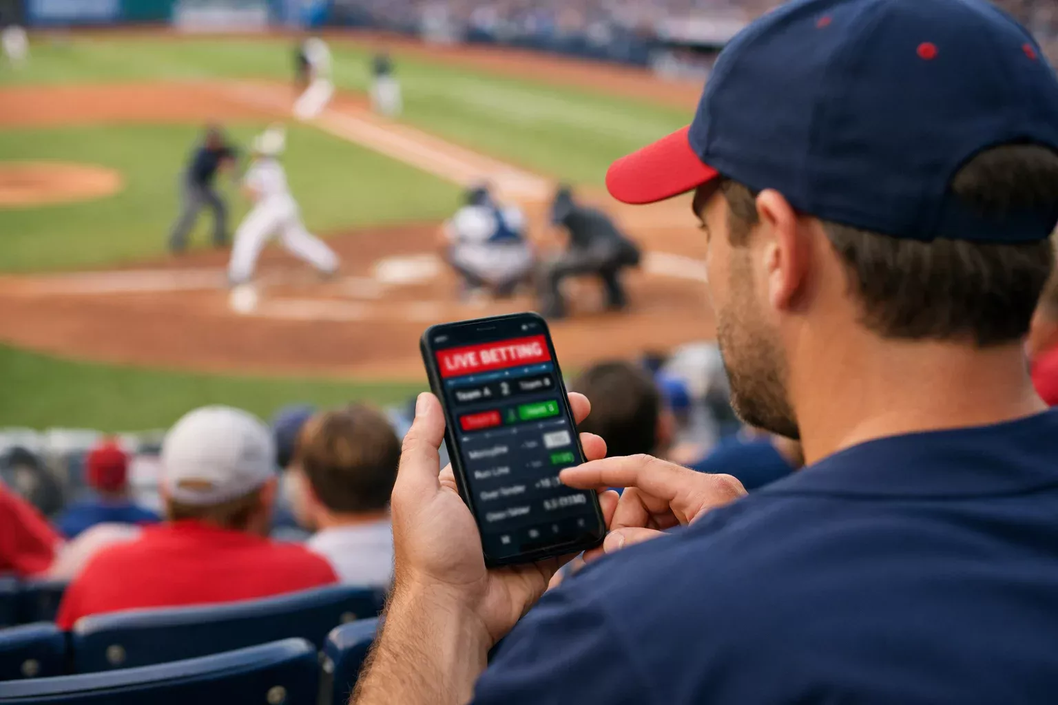Aficionado siguiendo un partido de béisbol en vivo mientras revisa su móvil para apuestas