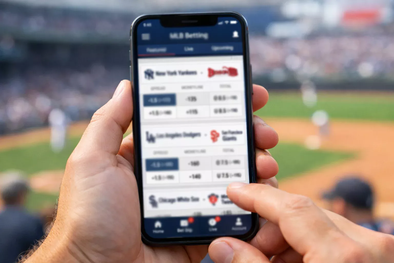 Teléfono móvil mostrando aplicación de apuestas deportivas con partido de béisbol MLB