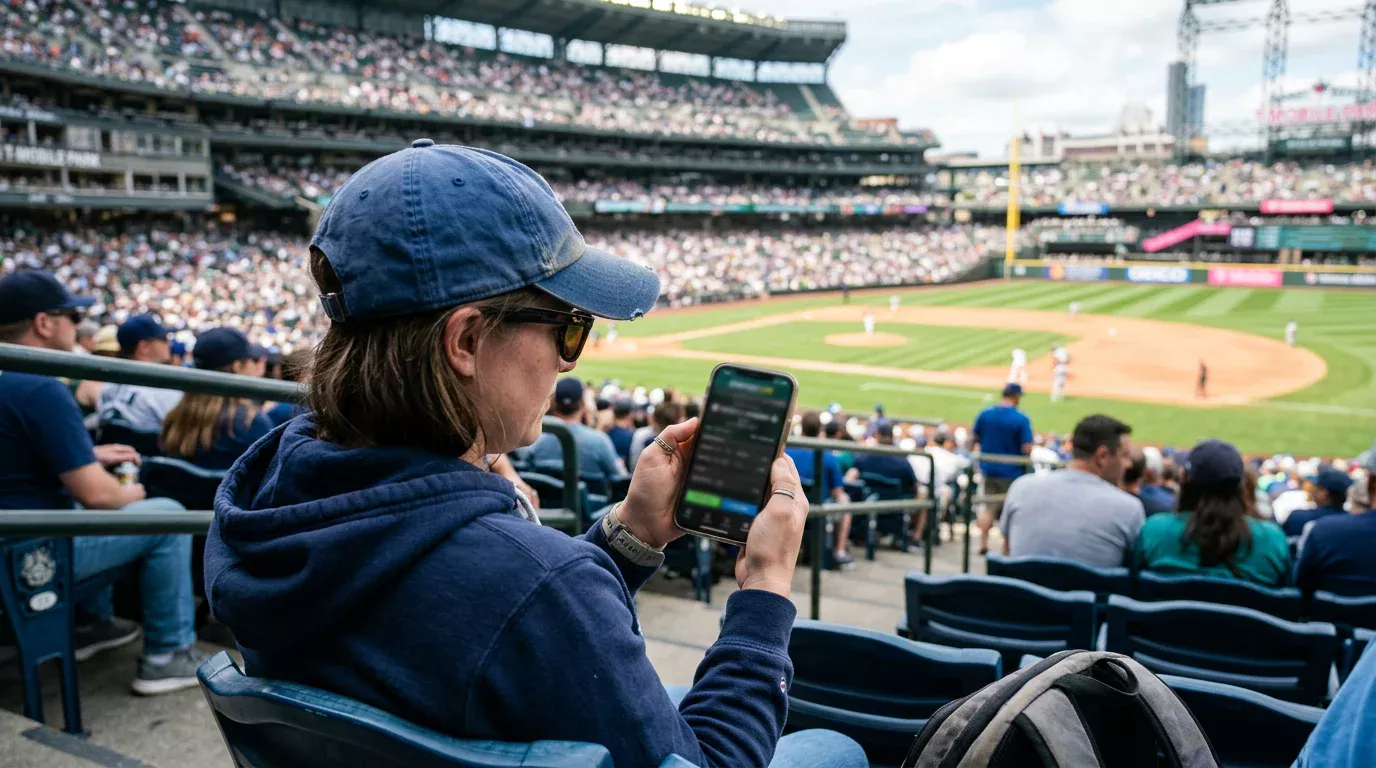 Persona usando smartphone para apostar en un partido de béisbol MLB desde las gradas