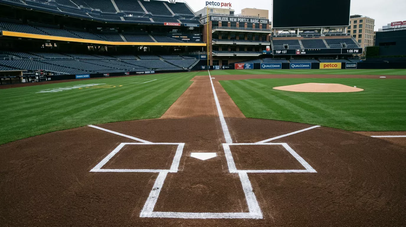 Vista del home plate y montículo de pitcher antes del primer lanzamiento en un estadio de béisbol