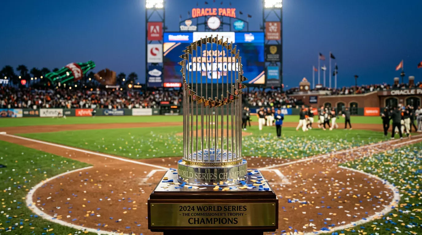Trofeo de la Serie Mundial de béisbol en exhibición con el campo de juego de fondo