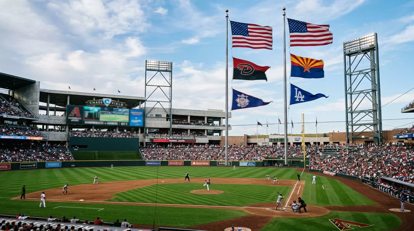 Estadio de béisbol al aire libre con banderas ondeando mostrando la dirección del viento