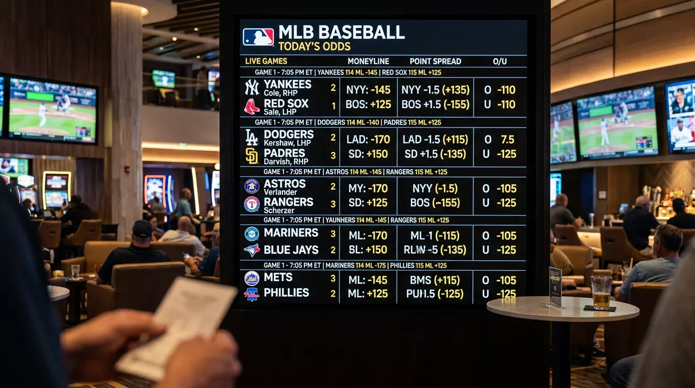 Pantalla de casa de apuestas mostrando cuotas de partidos de béisbol MLB