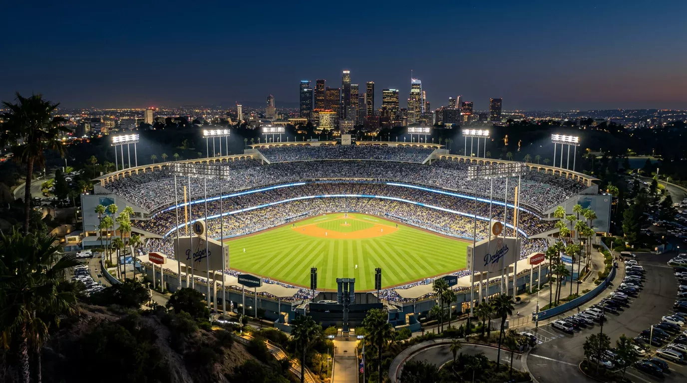 Vista nocturna de Dodger Stadium en Los Angeles durante un partido de béisbol