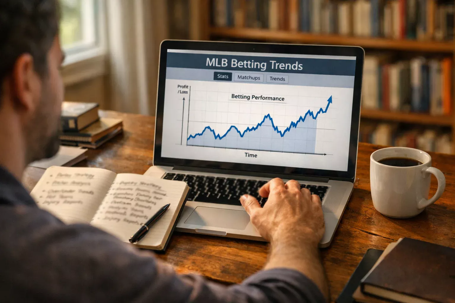 Persona analizando tendencias de apuestas MLB en ordenador portátil con bloc de notas