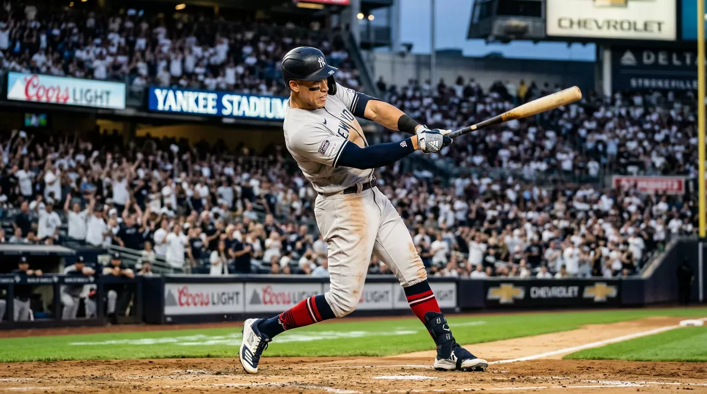 Bateador de béisbol conectando un swing potente durante un partido de Grandes Ligas