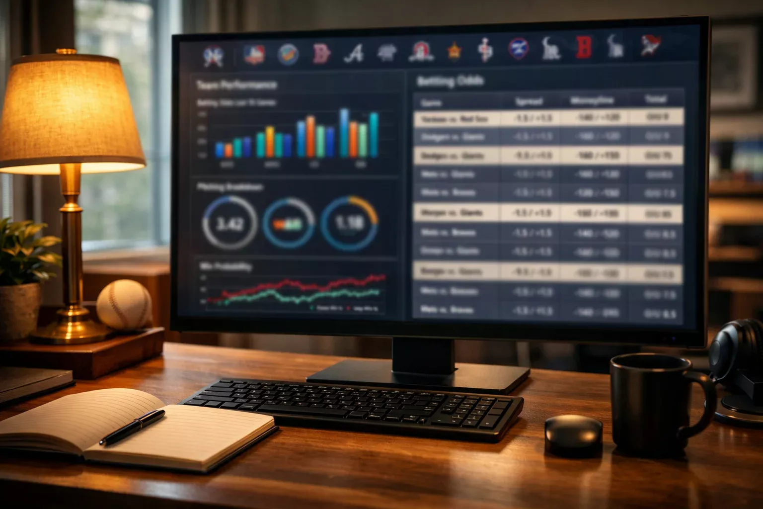 Pantalla mostrando estadísticas de apuestas MLB con cuotas y análisis de datos