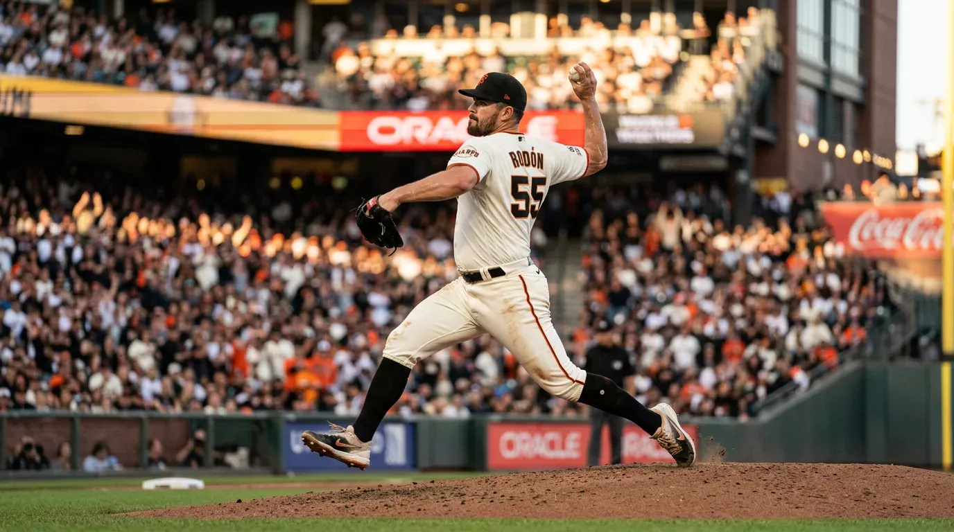 Pitcher de béisbol en el montículo preparándose para lanzar durante un partido de MLB