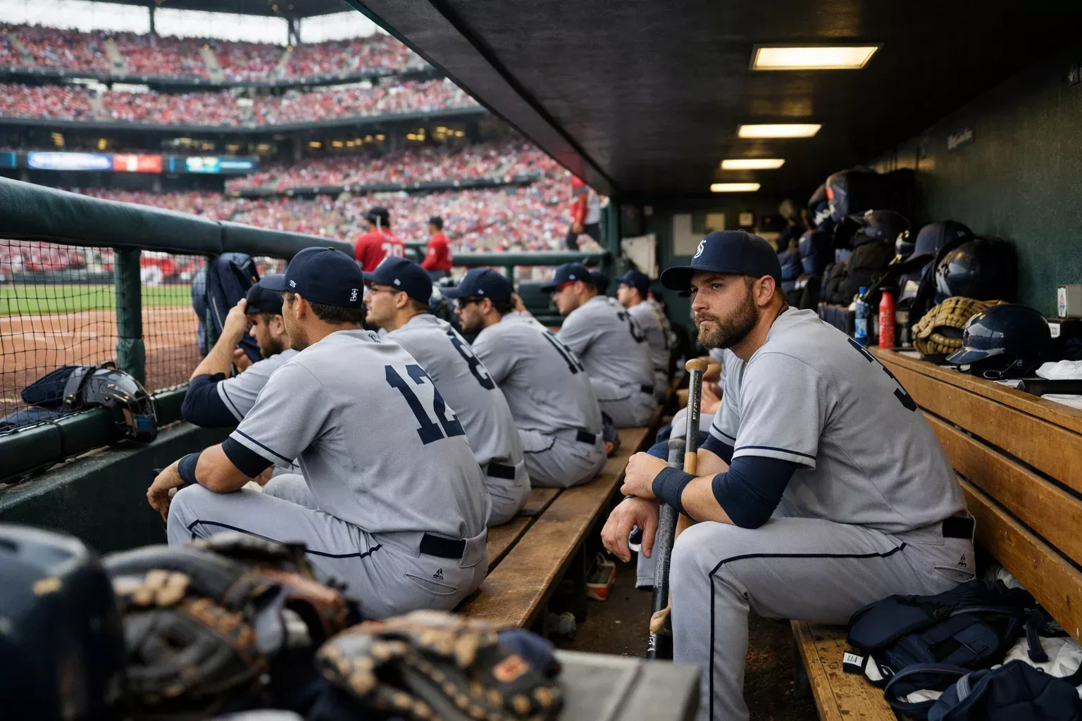 Equipo visitante de béisbol en el dugout preparándose para un partido de MLB