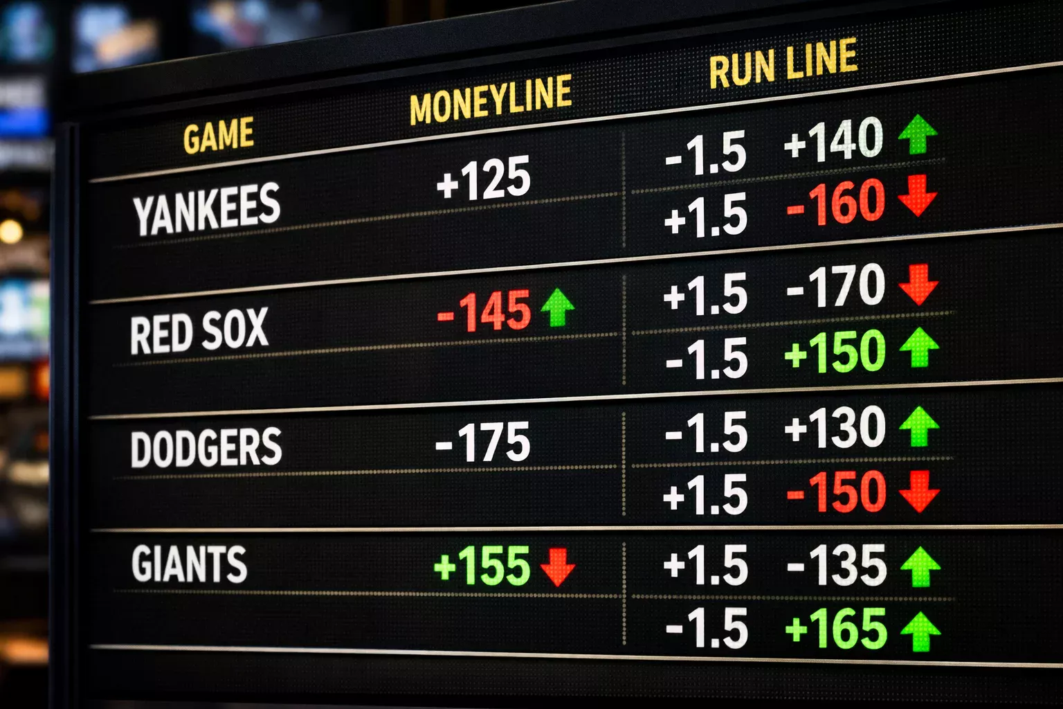 Tablero de apuestas de béisbol mostrando cuotas de run line y moneyline