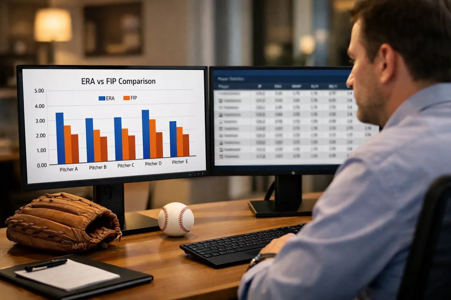 Analista revisando métricas avanzadas de pitcher en pantalla con estadísticas FIP y xFIP