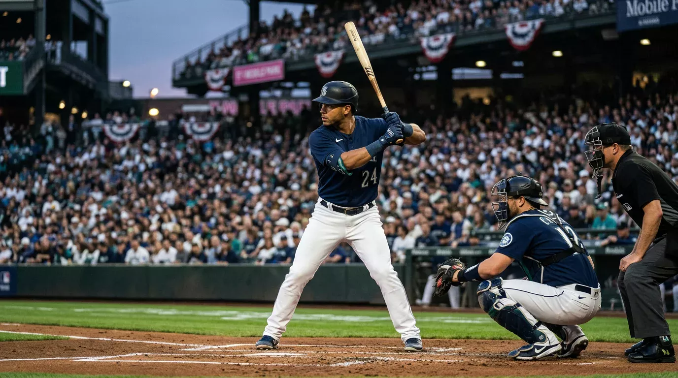 Bateador zurdo de béisbol en posición de bateo enfrentando a un pitcher derecho