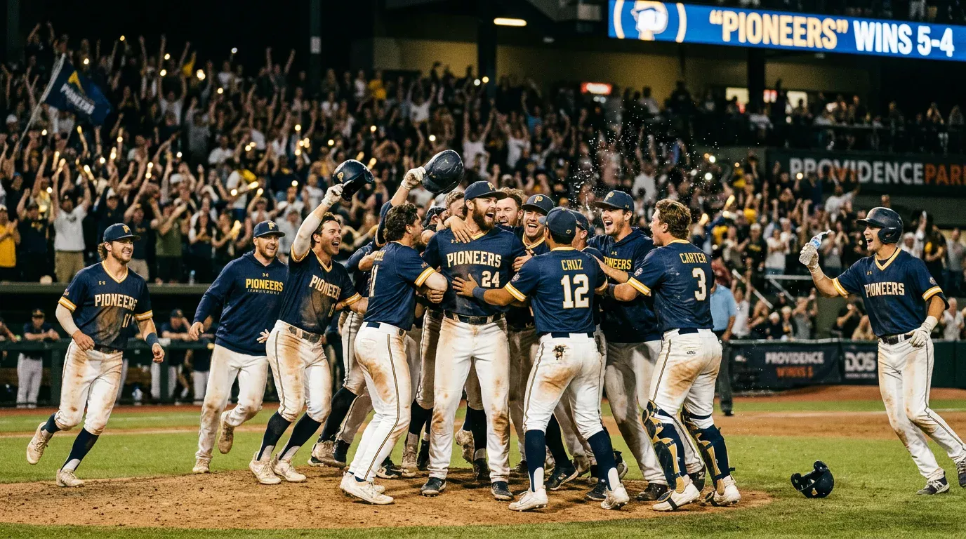 Equipo de béisbol underdog celebrando una victoria sorpresa en el campo de juego
